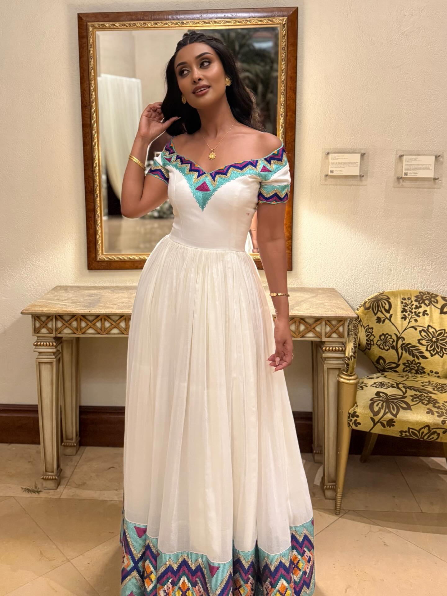 Festive Ethiopian Clothing Off Shoulder Short Sleeve Habesha Kemis Multicolor Design Habesha Dress 758