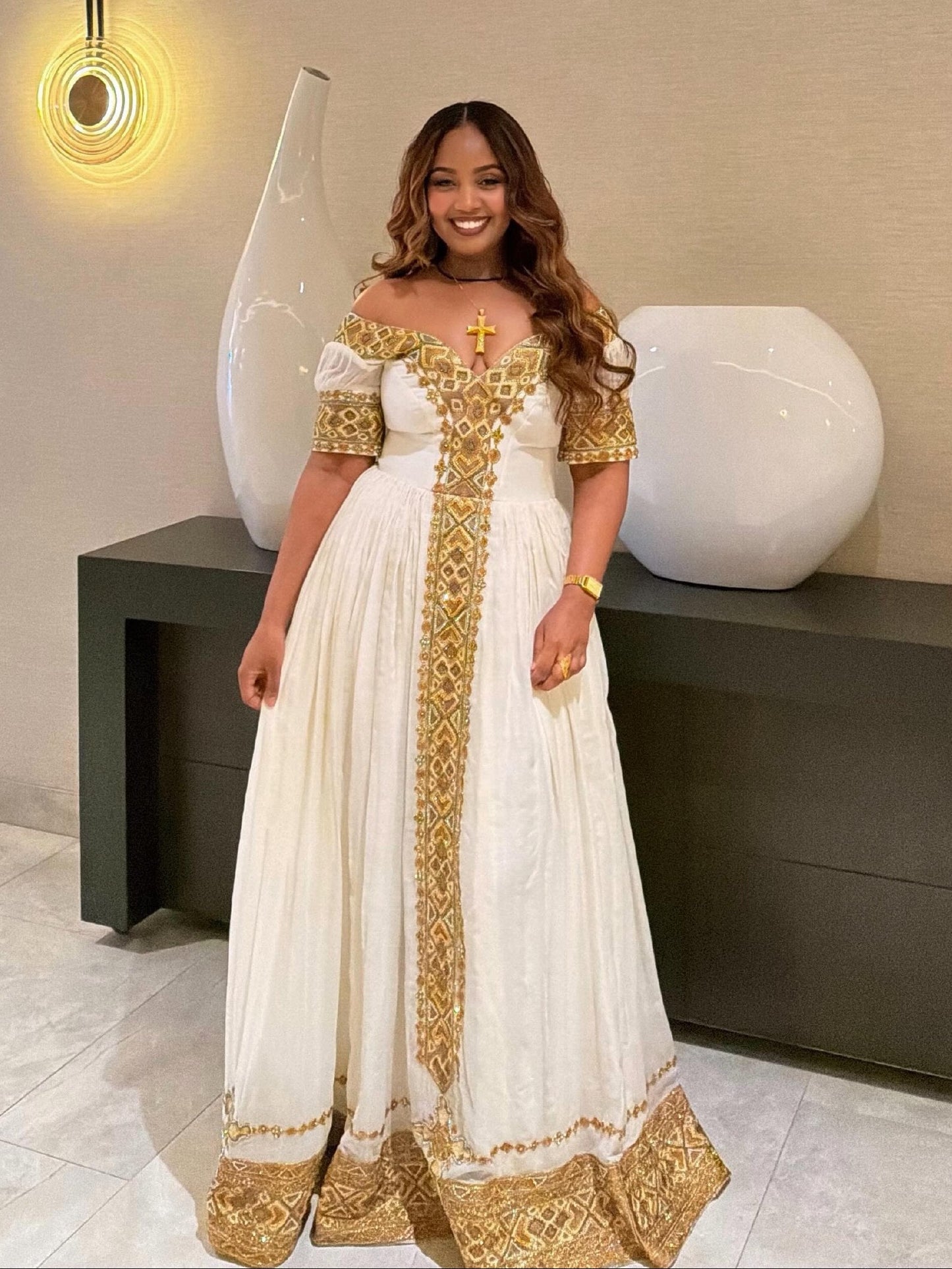 Golden Grace Ethiopian Clothing Off-Shoulder Habesha Kemis Short Sleeve Habesha Dress 885