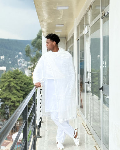 Classic Ethiopian Men’s Traditional Clothing White Outfit with Netela Cultural Men's Outfit 0071