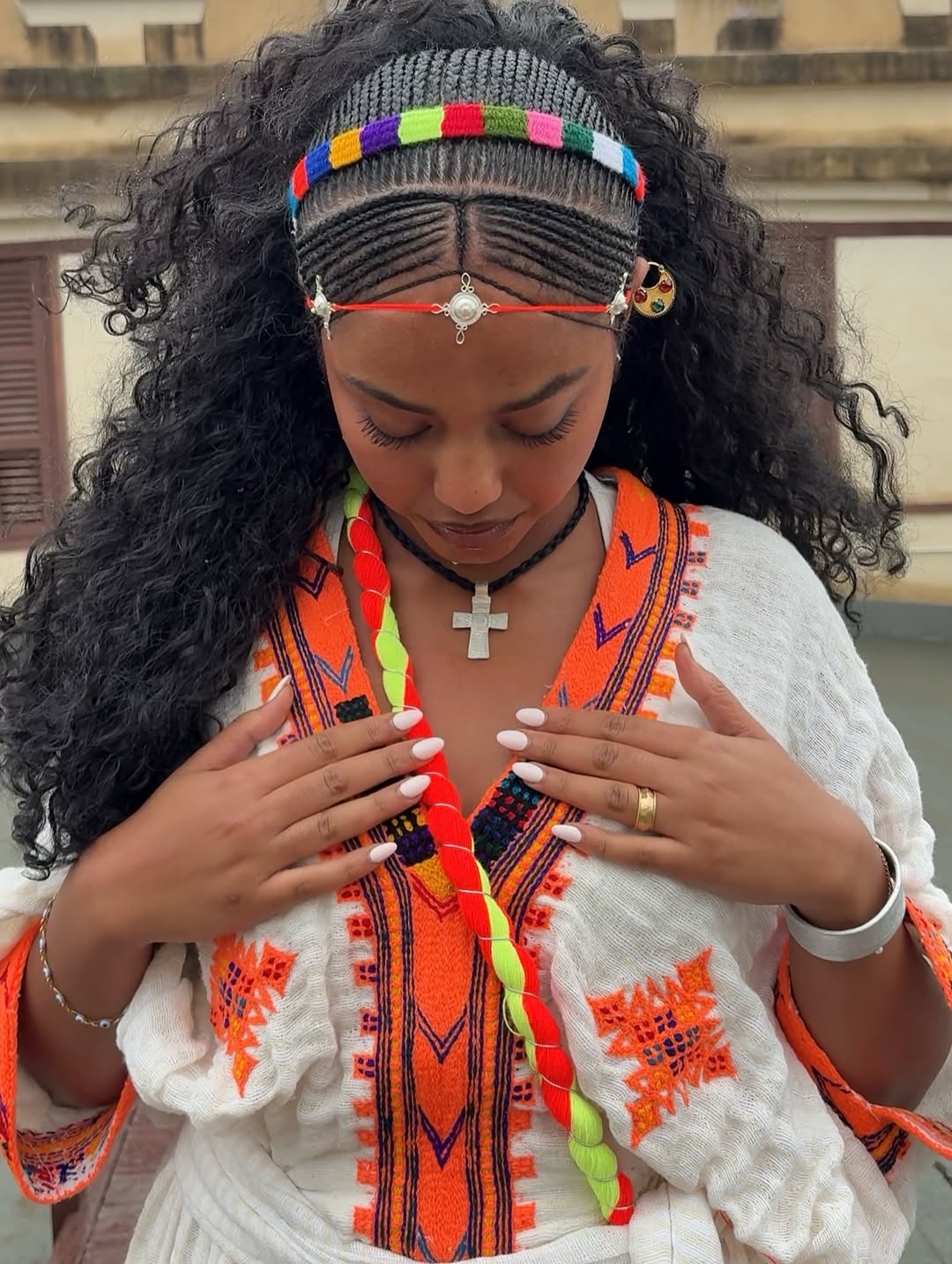Traditional White Ethiopian Dress Orange Tibeb Patterns Habesha Kemis Classic Example Of Habesha Dress 0078