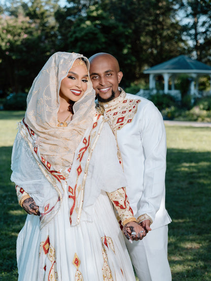 Matching Royal Ethiopian Wedding Attire Traditional His & Hers Cultural Set Red And White Embroidery Habesha Couple's Outfit 0087