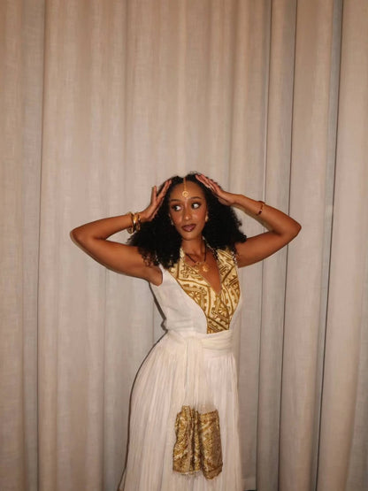Sleeveless Habesha Dress Gold-Embroidered Ethiopian Traditional Clothing Graceful Habesha Dress 124
