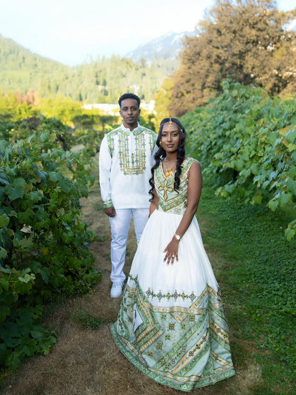Green & Gold Ethiopian Couple Outfit Traditional Matching Wear Elegant Ethiopian Couple Set 148
