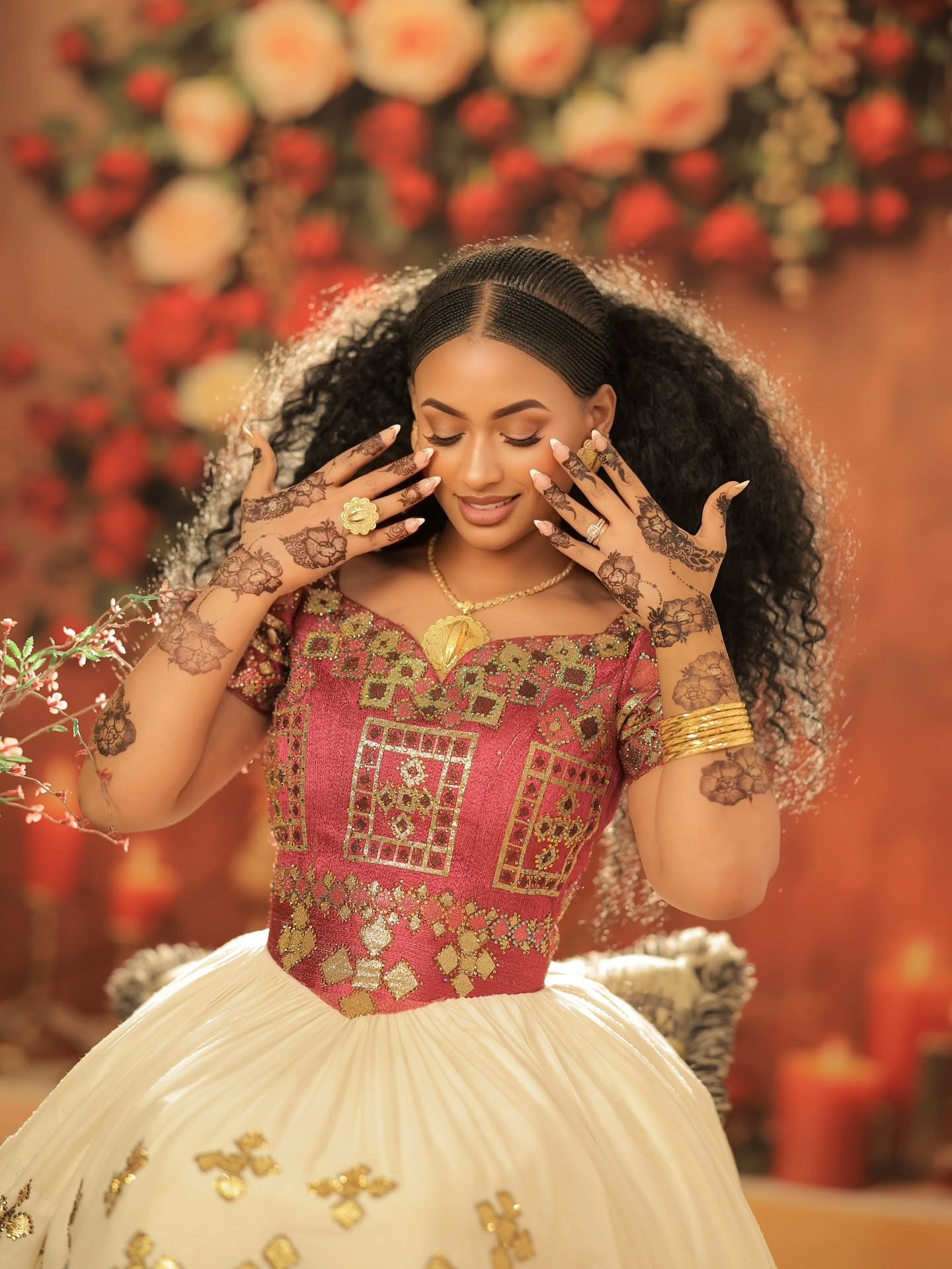 luxurious Habesha Kemis red and gold embroidered traditional ethiopian wedding dress Graceful Habesha Dress 174