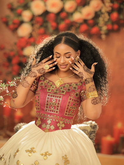 luxurious Habesha Kemis red and gold embroidered traditional ethiopian wedding dress Graceful Habesha Dress 174