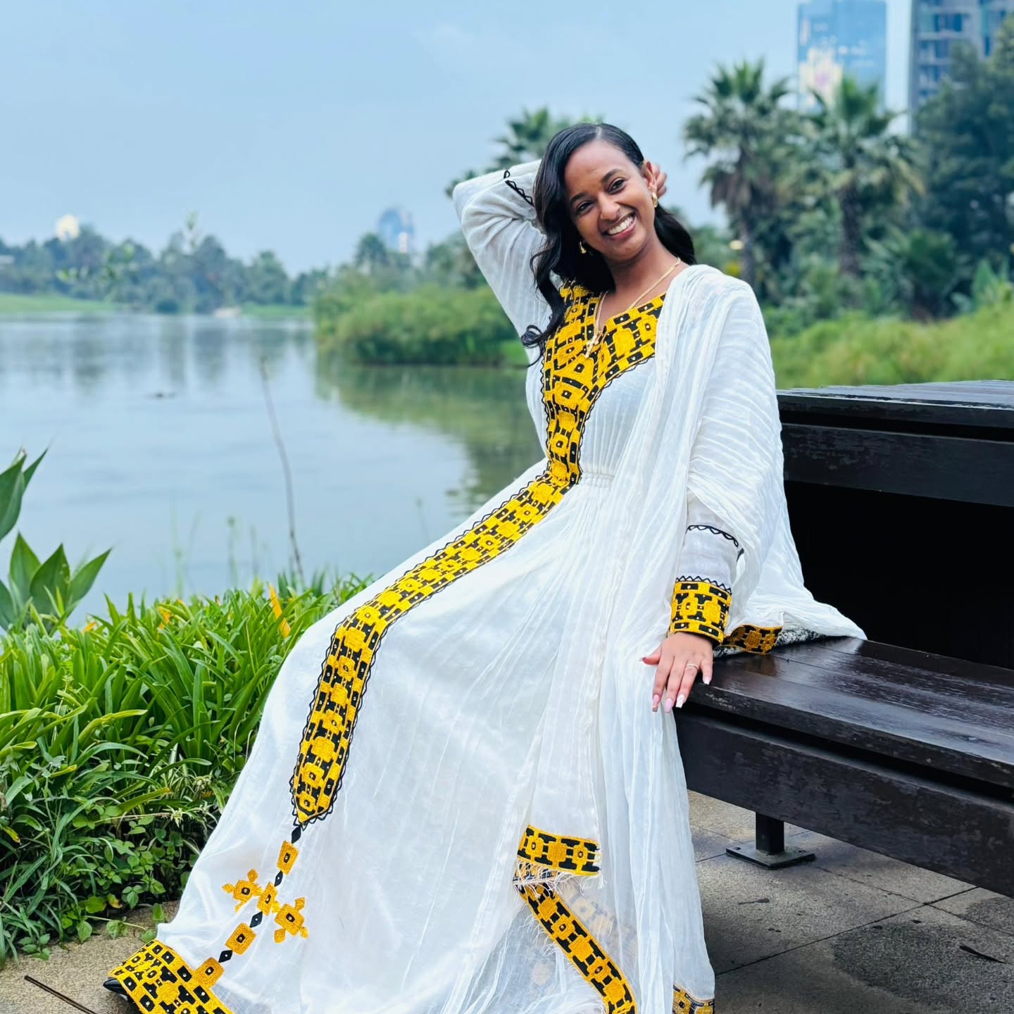 White And Yellow Traditional Ethiopian Dress Modern Embroidery Design Habesha Dress Handwoven Habesha Kemis 182