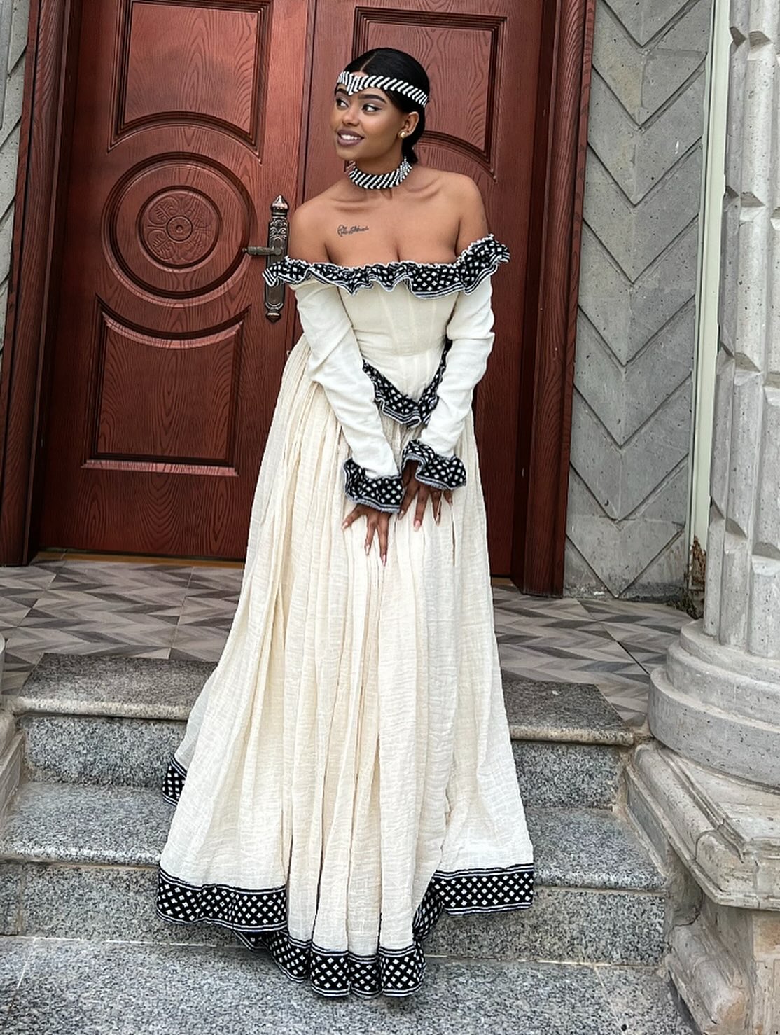 Off-Shoulder Habesha Dress Traditional Ethiopian Clothing For Festive Black Embroidery Habesha Kemis 189
