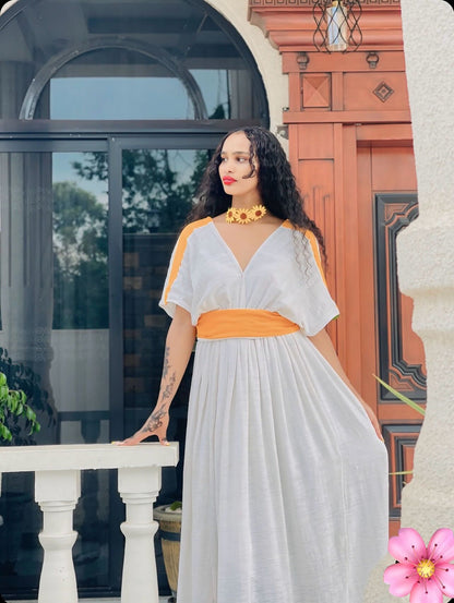 Orange And White Ethiopian Traditional Dress Simple Habesha Kemis Unique Habesha Dress For Event 194