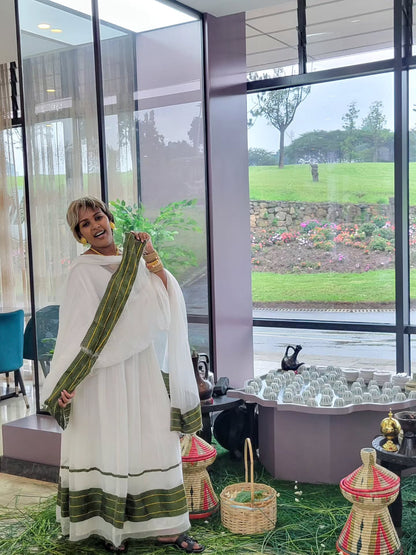 Royal Habesha Kemis White Cultural Dress with Green Tibeb Accents Festive Habesha Dress 230