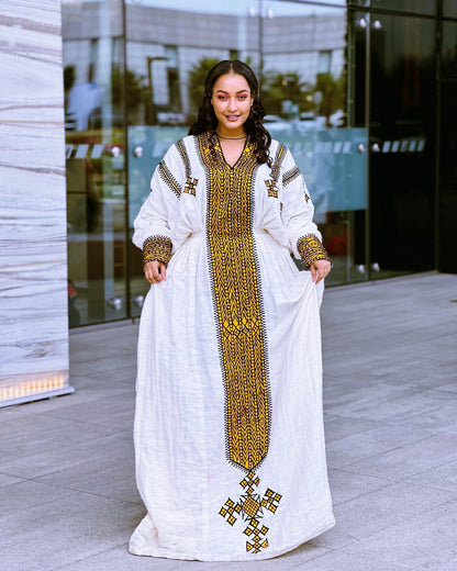 Premium Habesha Kemis Online Unique Ethiopian Dress & Traditional Wear Bold Geometric Embroidery Habesha Dress 248