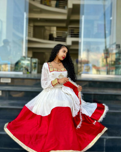 Red Woven Ethiopian Dress Long Sleeve Habesha Dress Habesha Kemis For Cultural Celebrations 264