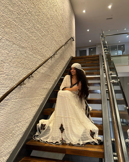 Authentic Eritrean & Ethiopian Clothing Handcrafted Habesha Dress Elegant Intricate Black Embroidery Habesha Kemis 274