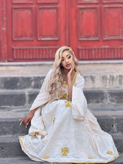 White & Gold Habesha Dress Hand Embroidered Habesha Kemis Ethiopian Traditional Dress for Women 301
