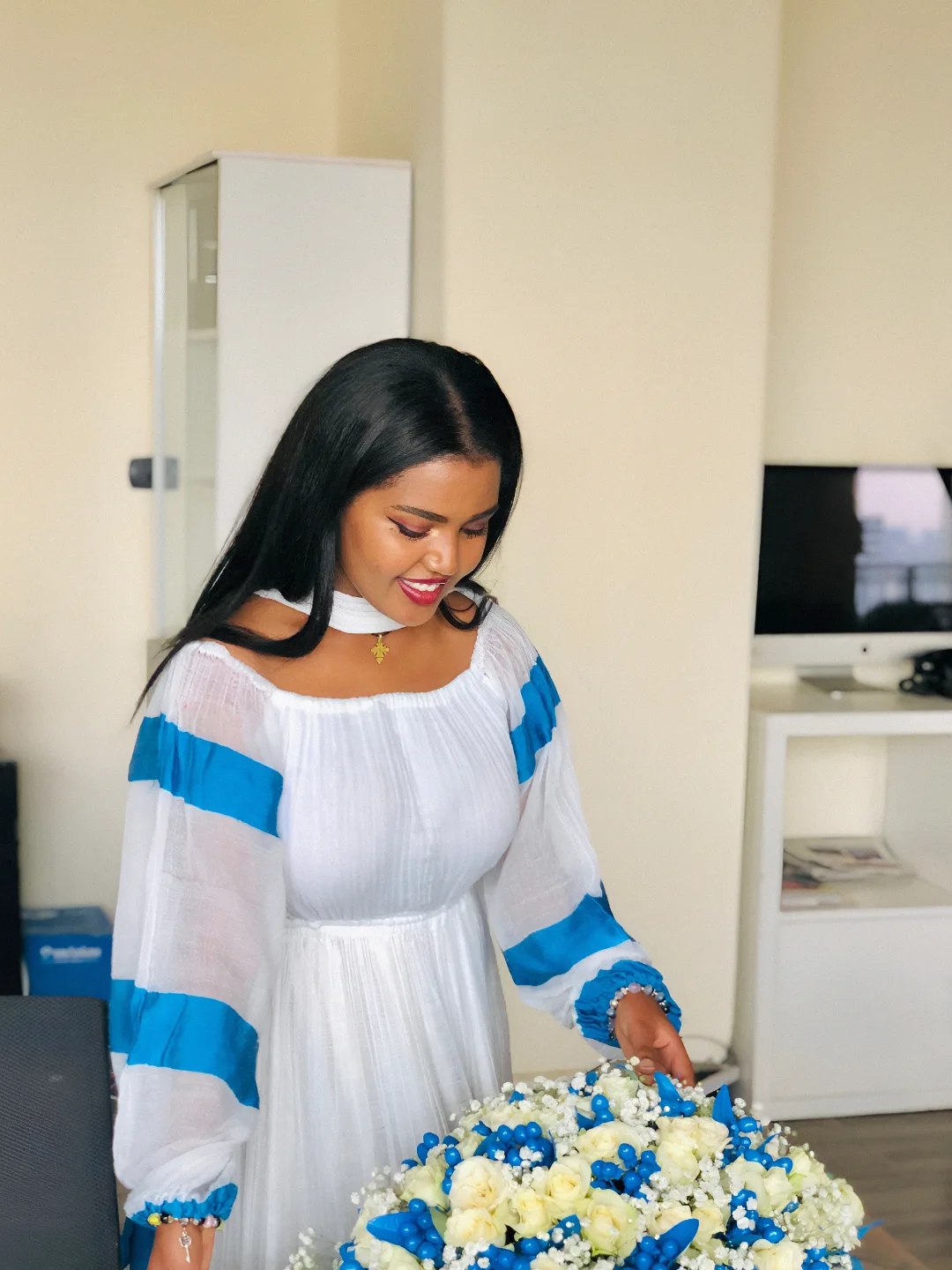 Flowy Habesha Kemis Habesha Dress with Blue Stripes Ethiopian Clothing 304