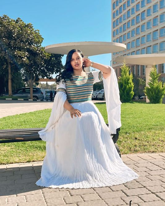 Stripped Habesha Kemis Elegant Ethiopian Traditional Clothing