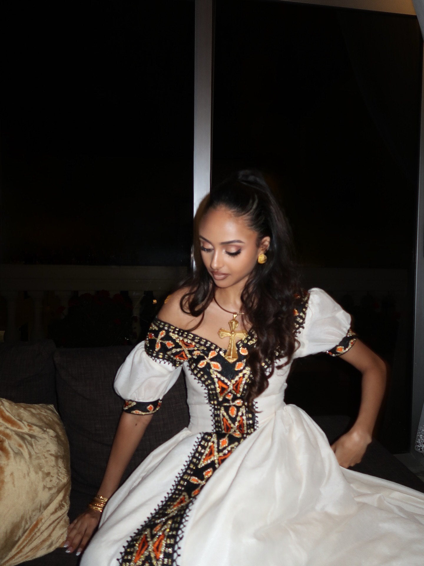 Off-Shoulder Habesha Kemis Black and Golden Embroidery Habesha Dress Traditional Ethiopian Clothing For event 526