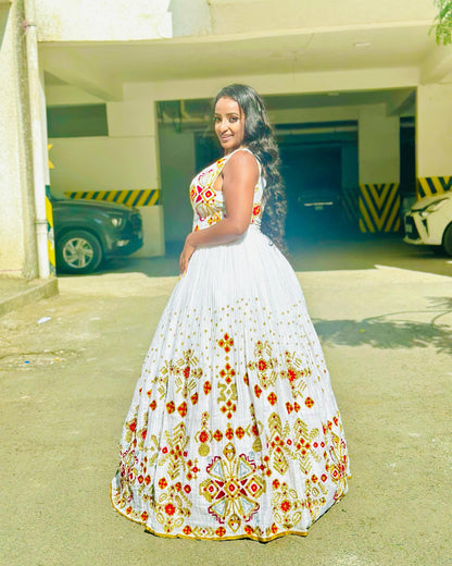 Sleeveless Habesha Kemis Red and Gold Cross Embroidery Habesha Dress Timeless Ethiopian Wedding Dress 551