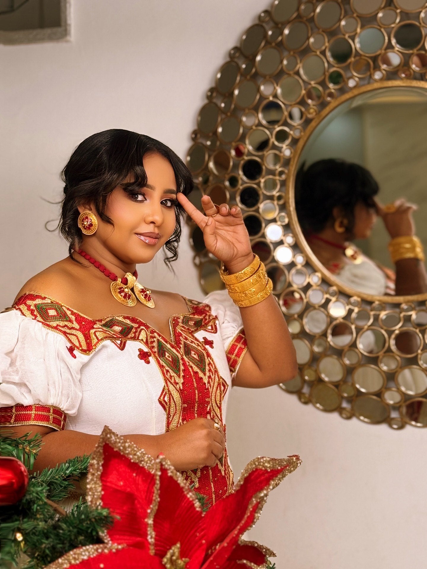 Red Embroidery Ethiopian Clothing Off-shoulder Habesha Kemis Graceful Habesha Dress 600