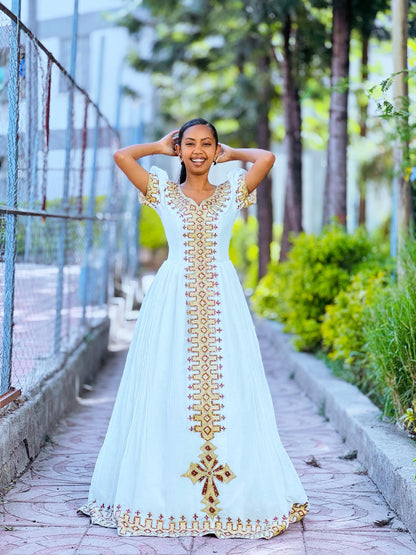 V Neck Habesha Dress Cross Embroidery Habesha Kemis Ethiopian Dress Style 634