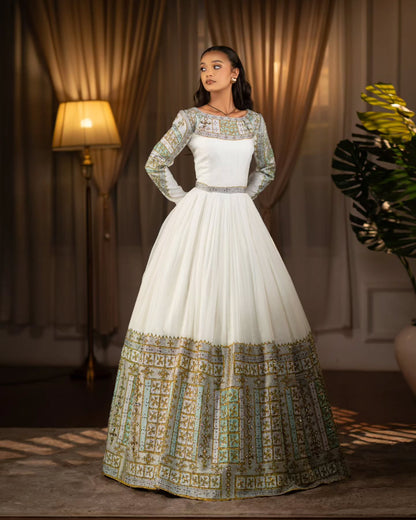 Long Sleeve Habesha Kemis Traditional Ethiopian Wedding Dress Gold And Mint Habesha Dress 643
