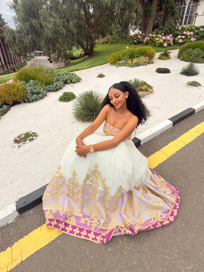 Charming Habesha Dress Strapless Pink Embroidery Habesha Kemis Ethiopian Traditional Wedding Dress 713