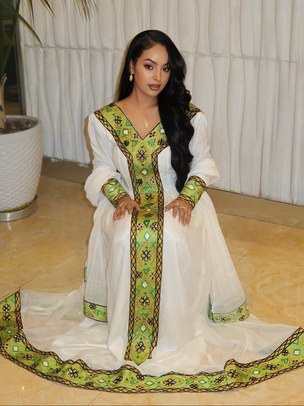 Golden And Green Embroidery Ethiopian Clothing Long Sleeve Habesha Kemis Festive Habesha Dress 716