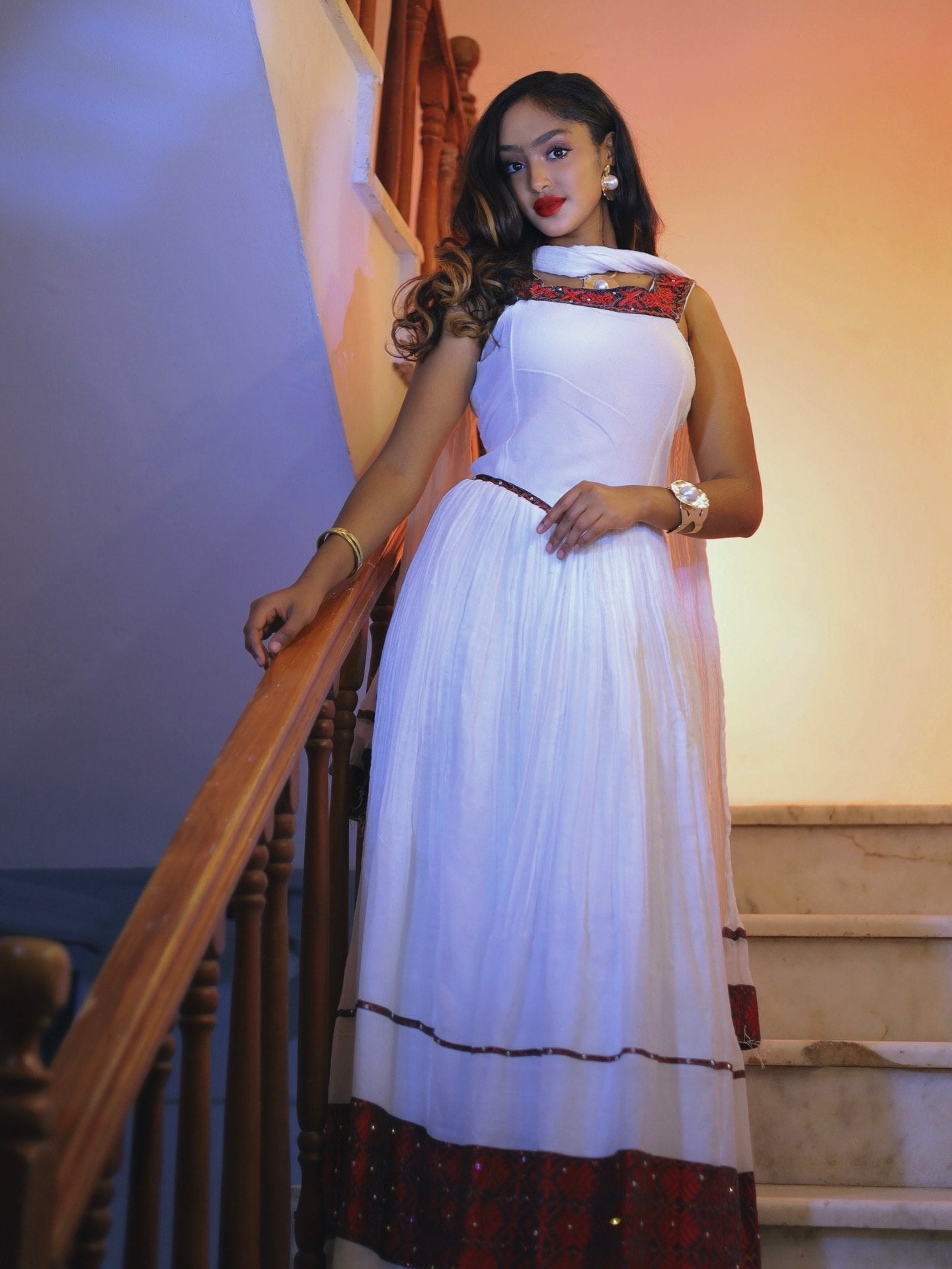Sleeveless Habesha Kemis Traditional Ethiopian Clothing  Red Woven Accent Habesha Dress 721