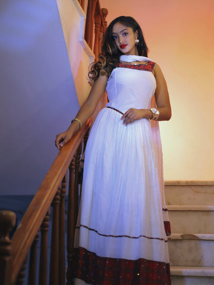 Sleeveless Habesha Kemis Traditional Ethiopian Clothing  Red Woven Accent Habesha Dress 721