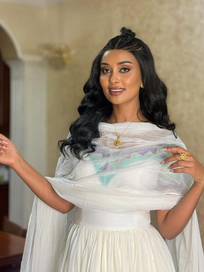 Festive Ethiopian Clothing Off Shoulder Short Sleeve Habesha Kemis Multicolor Design Habesha Dress 758