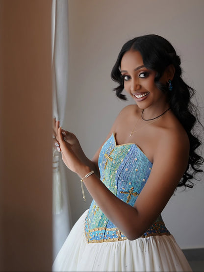 Traditional Ethiopian Wedding Dress Stylish Eritrean Dress Green and Blue Cultural Embroidery Habesha Kemis 764