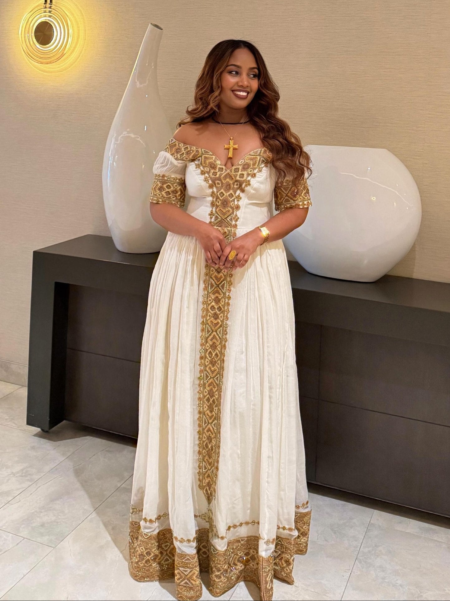Golden Grace Ethiopian Clothing Off-Shoulder Habesha Kemis Short Sleeve Habesha Dress 885