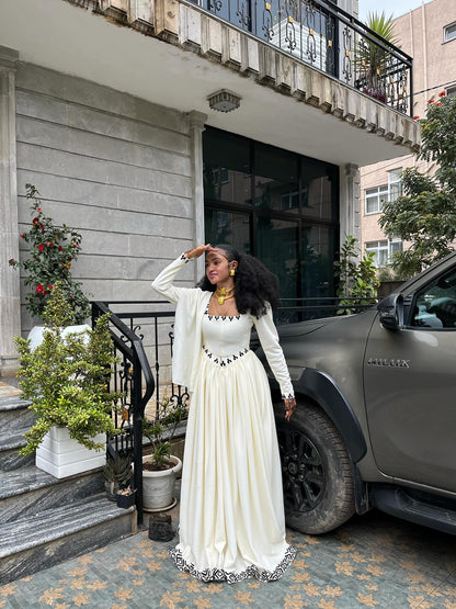 Elegant White Ethiopian Dress Black Geometric Border Design Habesha Kemis Graceful Habesha Dress For Occasions 0081