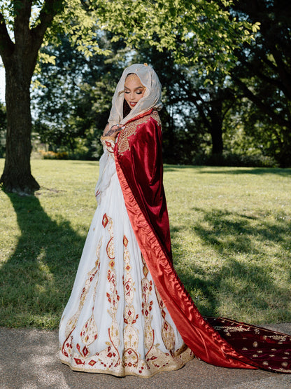 Matching Royal Ethiopian Wedding Attire Traditional His & Hers Cultural Set Red And White Embroidery Habesha Couple's Outfit 0087