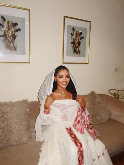 Traditional Ethiopian Dress White & Red Habesha Dress for Cultural Celebrations Timeless Habesha Kemis 141