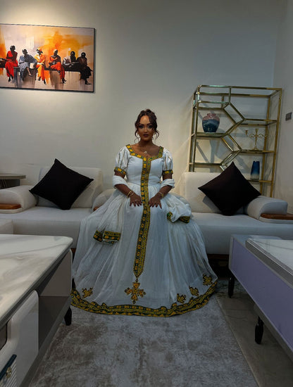 Traditional Ethiopian Dress Yellow Cross Embroidery Habesha Kemis Stunning Habesha Dress For festive 166