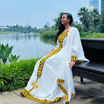 White And Yellow Traditional Ethiopian Dress Modern Embroidery Design Habesha Dress Handwoven Habesha Kemis 182