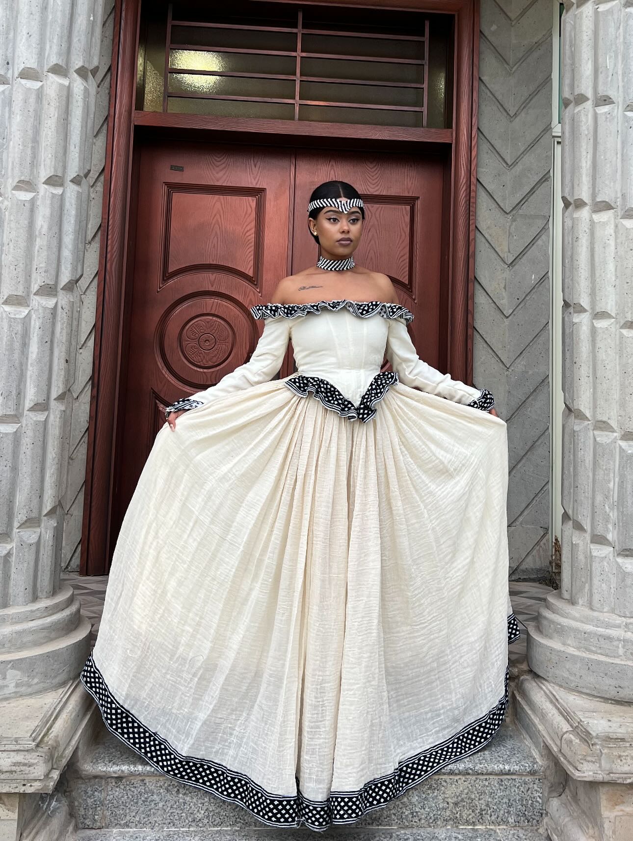Off-Shoulder Habesha Dress Traditional Ethiopian Clothing For Festive Black Embroidery Habesha Kemis 189