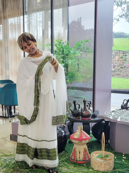 Royal Habesha Kemis White Cultural Dress with Green Tibeb Accents Festive Habesha Dress 230