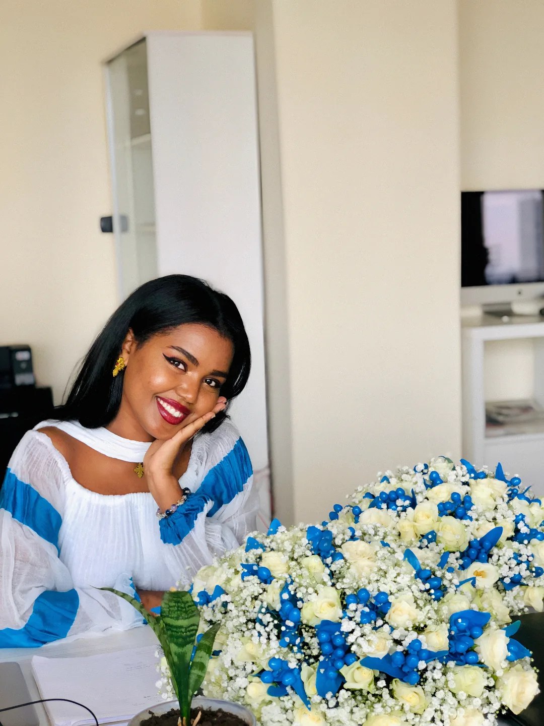 Flowy Habesha Kemis Habesha Dress with Blue Stripes Ethiopian Clothing 304