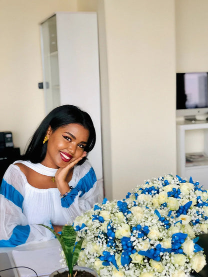 Flowy Habesha Kemis Habesha Dress with Blue Stripes Ethiopian Clothing 304