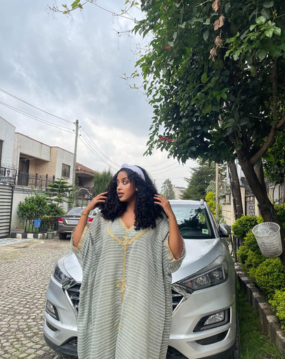 Gold Embroidery Accent Habesha Kemis White Stripe Habesha Dress Simple Design Ethiopian Dress 365