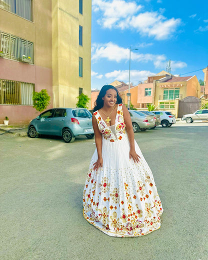 Sleeveless Habesha Kemis with Red and Gold Cross Embroidery