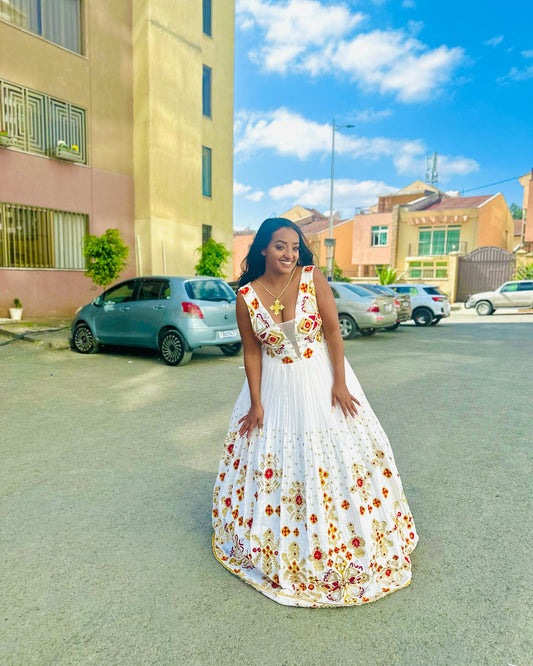 Sleeveless Habesha Kemis with Red and Gold Cross Embroidery