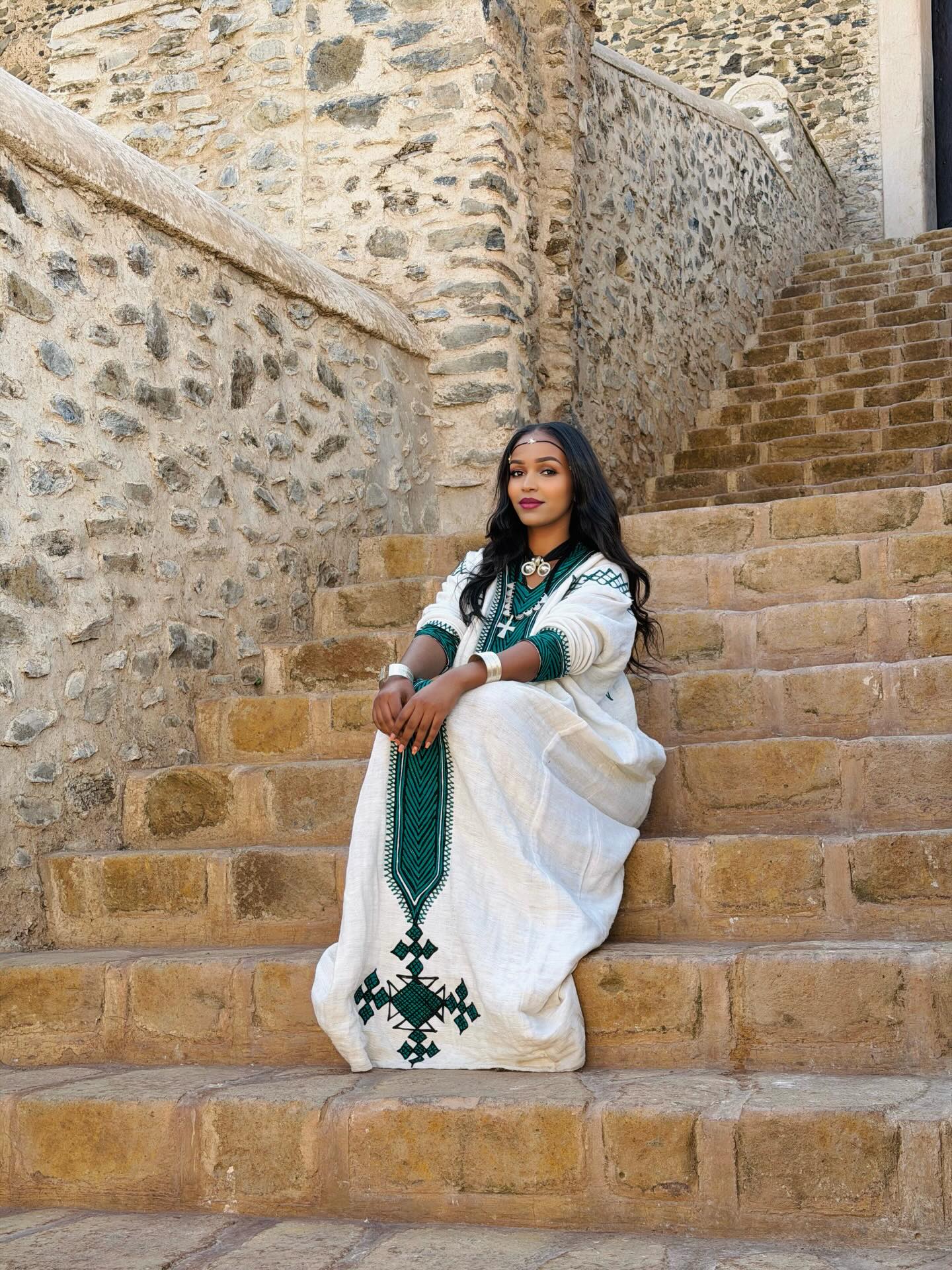 Green Embroidery Habesha Kemis Long Sleeve Habesha Dress Traditional Ethiopian Clothing 590