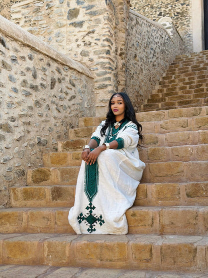 Green Embroidery Habesha Kemis Long Sleeve Habesha Dress Traditional Ethiopian Clothing 590