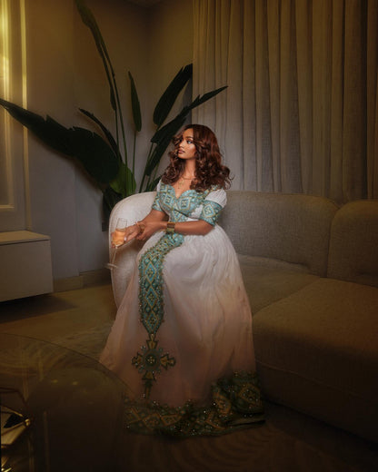 Off Shoulder Teal Embroidery Habesha Kemis Traditional Ethiopian Dress Graceful Habesha Dress 715