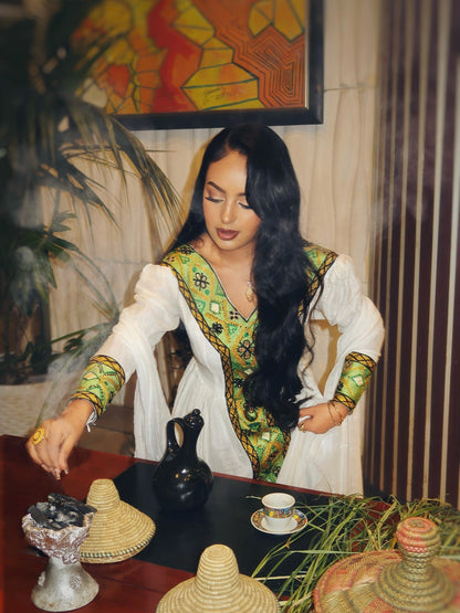 Golden And Green Embroidery Ethiopian Clothing Long Sleeve Habesha Kemis Festive Habesha Dress 716