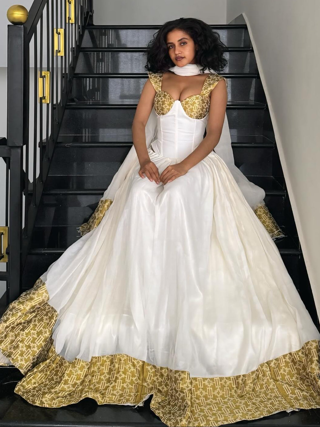 Ethiopian Clothing Gold Woven Habesha Kemis & Short Sleeve Habesha Dress For Festive 750