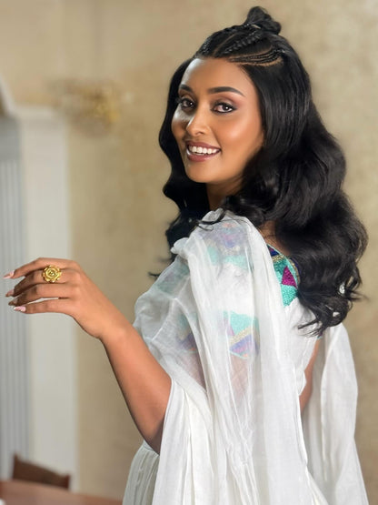 Festive Ethiopian Clothing Off Shoulder Short Sleeve Habesha Kemis Multicolor Design Habesha Dress 758