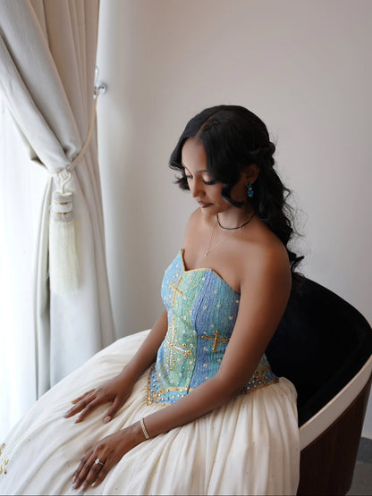 Traditional Ethiopian Wedding Dress Stylish Eritrean Dress Green and Blue Cultural Embroidery Habesha Kemis 764